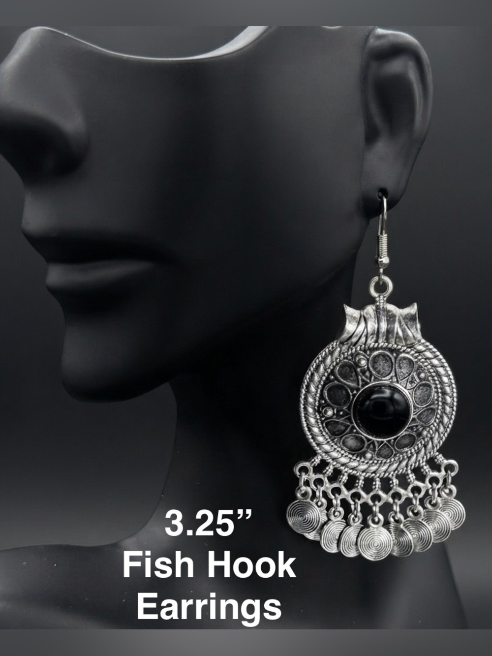 Silver-tone Black Stone Fish Hook Earrings